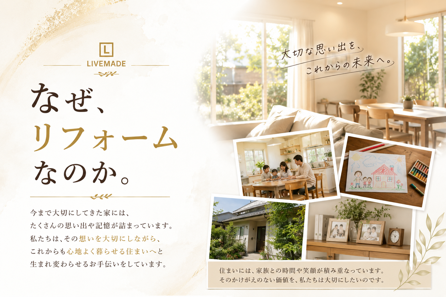 なぜ、リフォームなのか。大切な思い出を、これからの未来へ。今まで大切にしてきた家には、たくさんの思い出や記憶が詰まっています。私たちは、その想いを大切にしながら、これからも心地よく暮らせる住まいへと生まれ変わらせるお手伝いをしています。住まいには、家族との時間や笑顔が積み重なっています。そのかけがえのない価値を、私たちは大切にしたいのです。