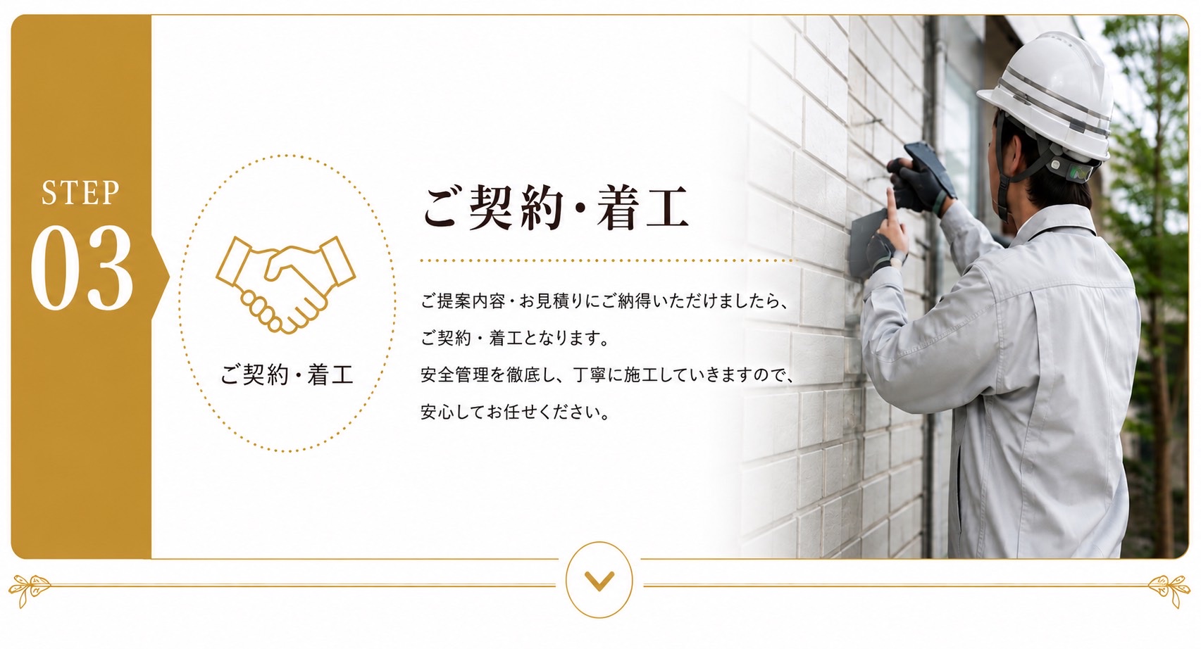 STEP03 ご契約・着工。ご提案内容・お見積りにご納得いただけましたら、ご契約・着工となります。安全管理を徹底し、丁寧に施工していきますので、安心してお任せください。