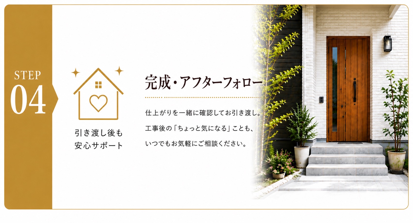 STEP04 完成・アフターフォロー。仕上がりを一緒に確認してお引き渡し。工事後の「ちょっと気になる」ことも、いつでもお気軽にご相談ください。