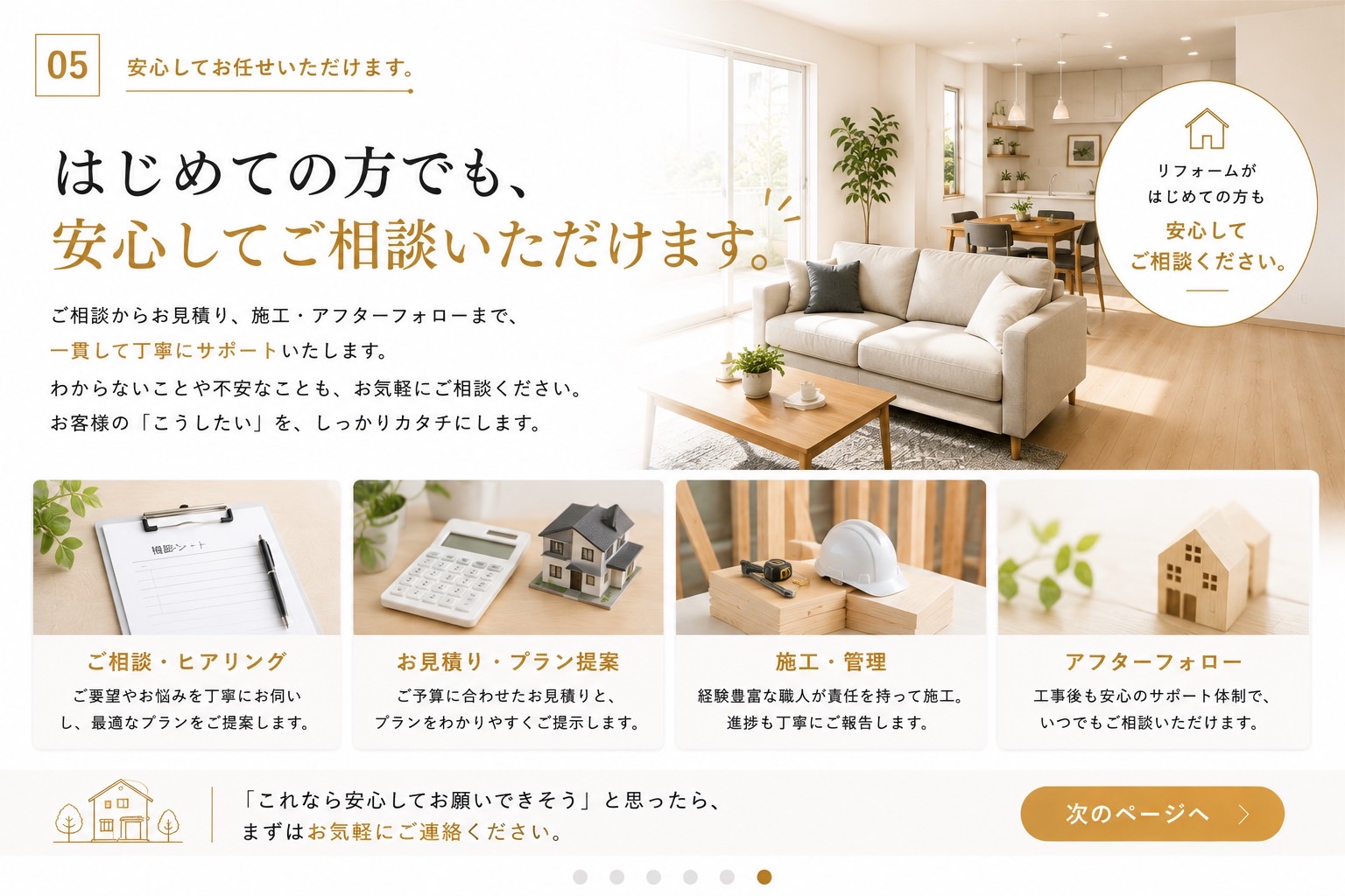 はじめての方でも、安心してご相談いただけます。ご相談ヒアリング・お見積りプラン提案・施工管理・アフターフォロー